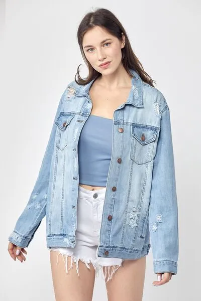 Light Blue Distressed Long Sleeve Denim Jacket Small-3XL