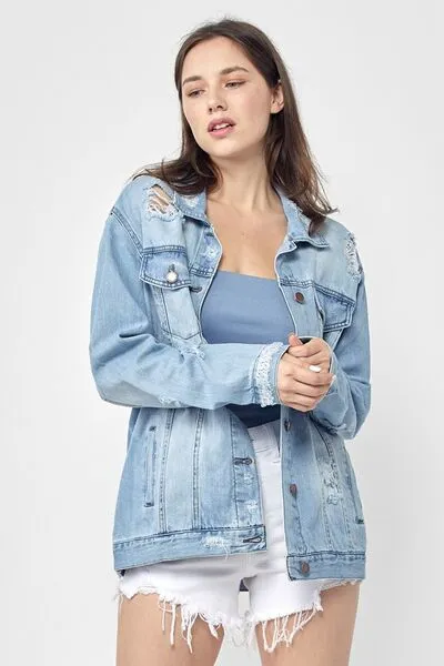 Light Blue Distressed Long Sleeve Denim Jacket Small-3XL
