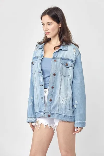 Light Blue Distressed Long Sleeve Denim Jacket Small-3XL