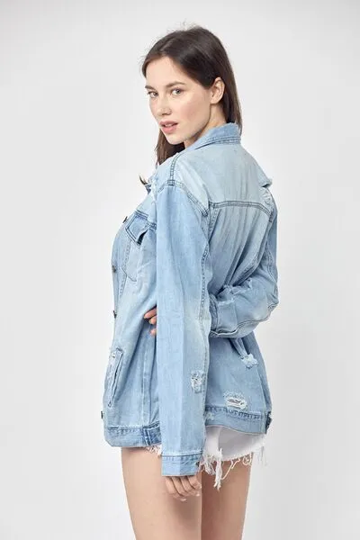 Light Blue Distressed Long Sleeve Denim Jacket Small-3XL