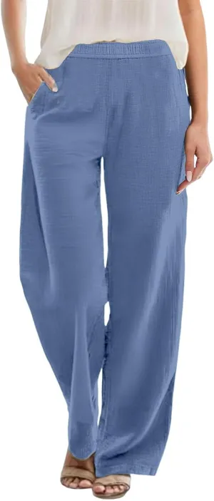 Linen Pants Women Casual Trousers with Pockets Lightweight Fabric Loose Fit Elastic Waist Summer Comfort