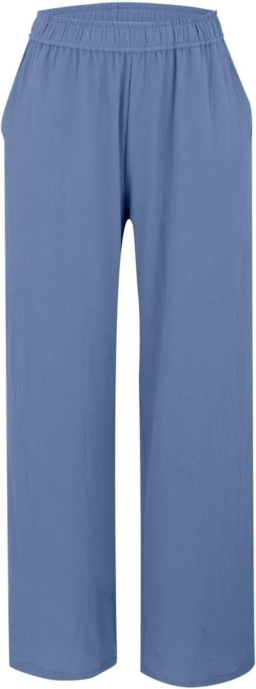 Linen Pants Women Casual Trousers with Pockets Lightweight Fabric Loose Fit Elastic Waist Summer Comfort