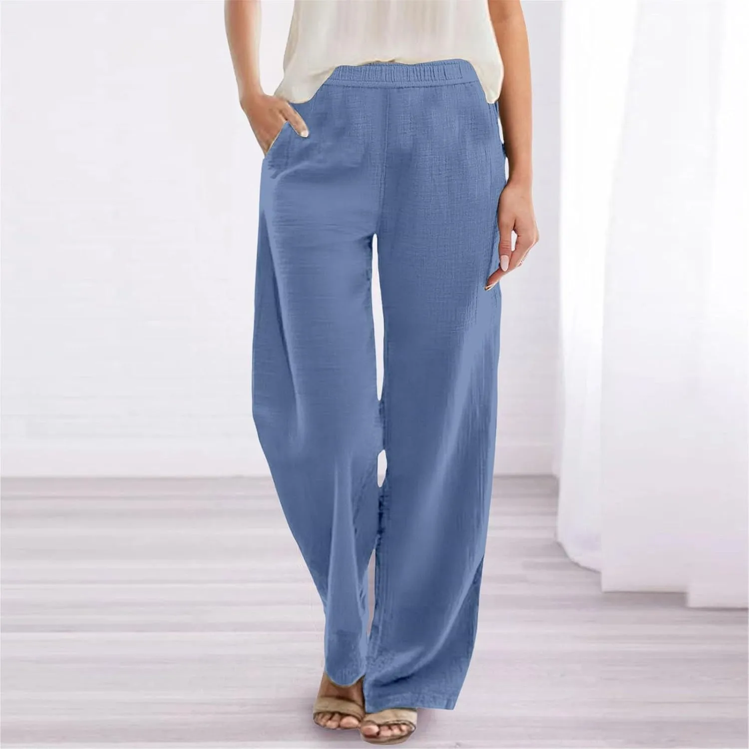 Linen Pants Women Casual Trousers with Pockets Lightweight Fabric Loose Fit Elastic Waist Summer Comfort