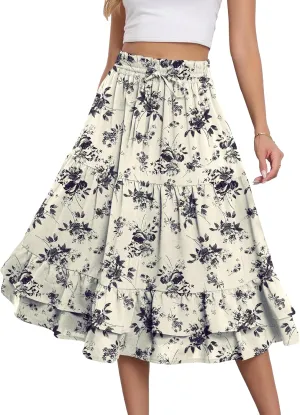 LOUSGUTA Women's Midi Skirt Flowy Layered Ruffle Tiered High Elastic Waist Casual Skirts with Pockets