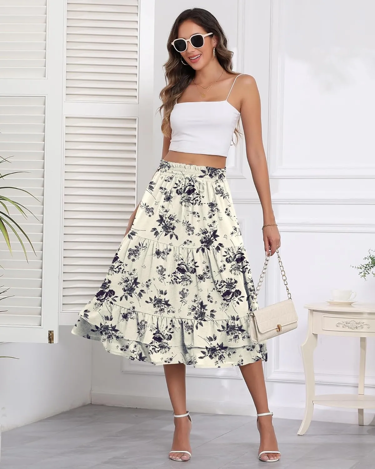 LOUSGUTA Women's Midi Skirt Flowy Layered Ruffle Tiered High Elastic Waist Casual Skirts with Pockets