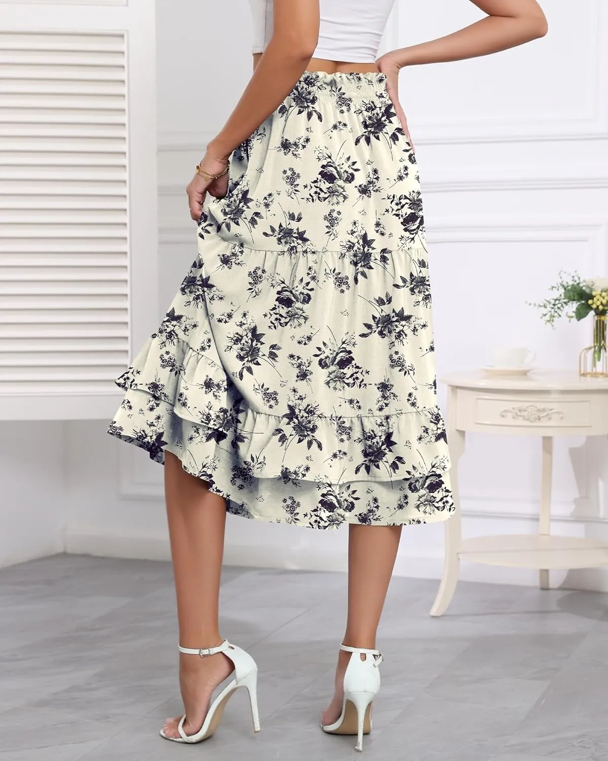 LOUSGUTA Women's Midi Skirt Flowy Layered Ruffle Tiered High Elastic Waist Casual Skirts with Pockets