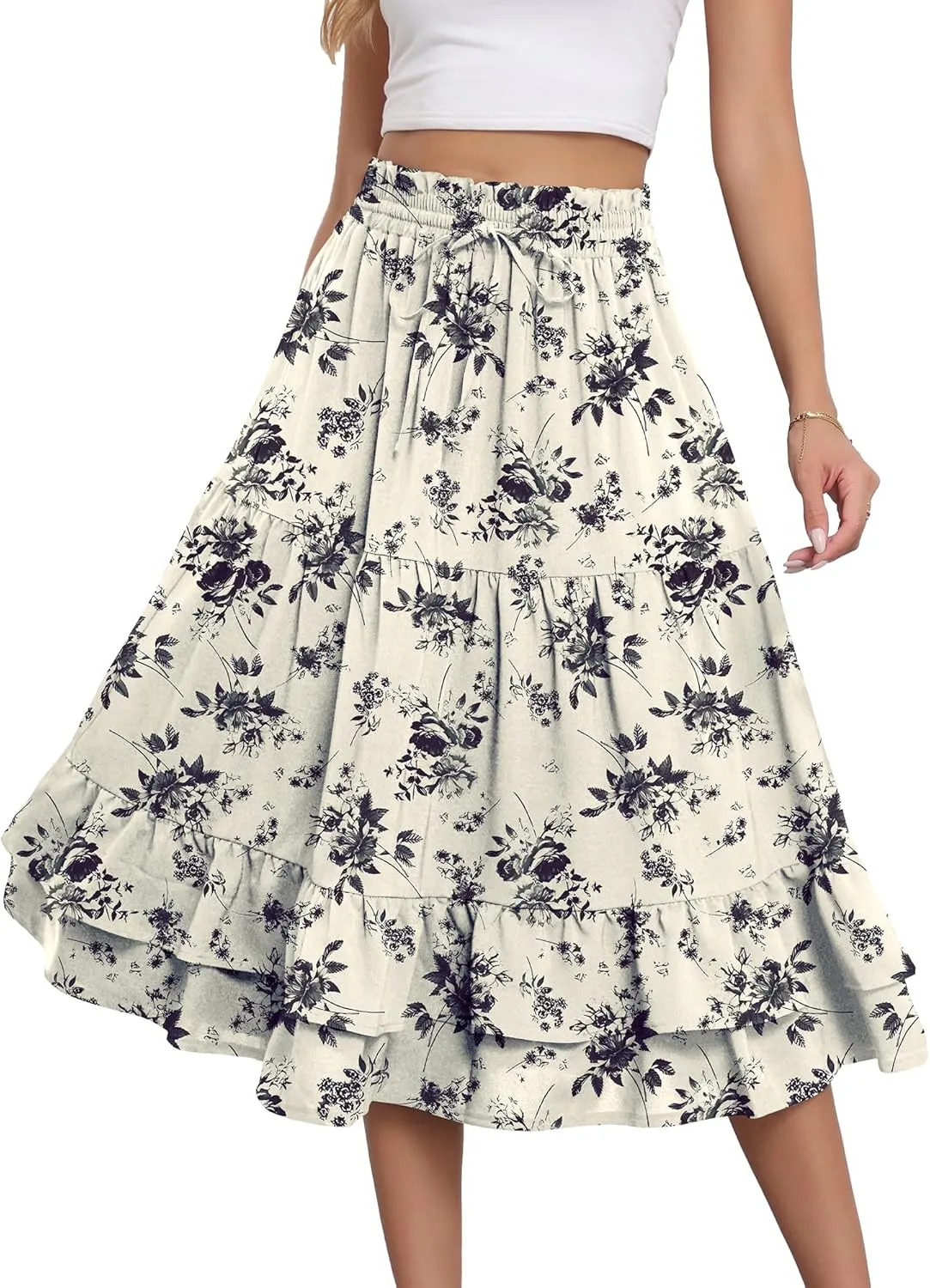 LOUSGUTA Women's Midi Skirt Flowy Layered Ruffle Tiered High Elastic Waist Casual Skirts with Pockets