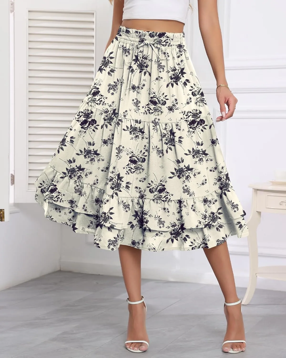LOUSGUTA Women's Midi Skirt Flowy Layered Ruffle Tiered High Elastic Waist Casual Skirts with Pockets