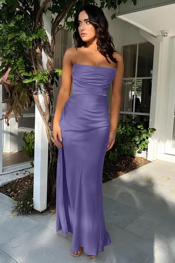 Memoriesea Women's Sexy Strapless Tube High Slit Ruched Party Cocktail Maxi Dress
