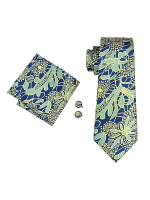 Men's Blue Yellow & Green Paisley Silk Neck tie Hanky Cufflinks Set