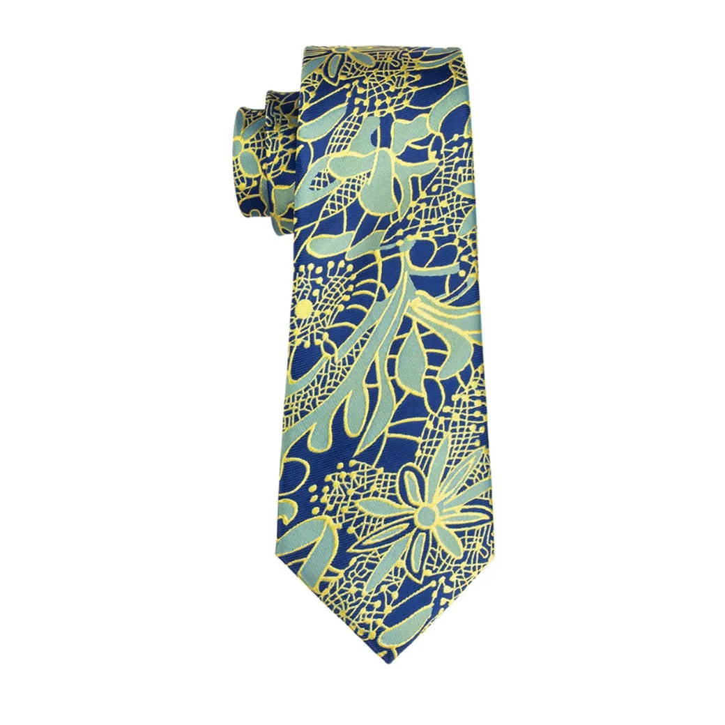 Men's Blue Yellow & Green Paisley Silk Neck tie Hanky Cufflinks Set