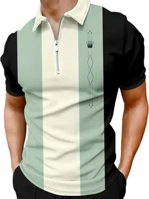 Men's Long Sleeve Polo Shirt Printed Zip Up Casual Slim Fit Golf Shirts Tops