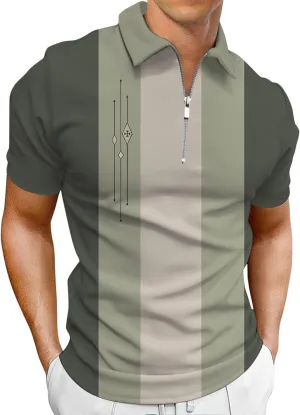 Men's Long Sleeve Polo Shirt Printed Zip Up Casual Slim Fit Golf Shirts Tops