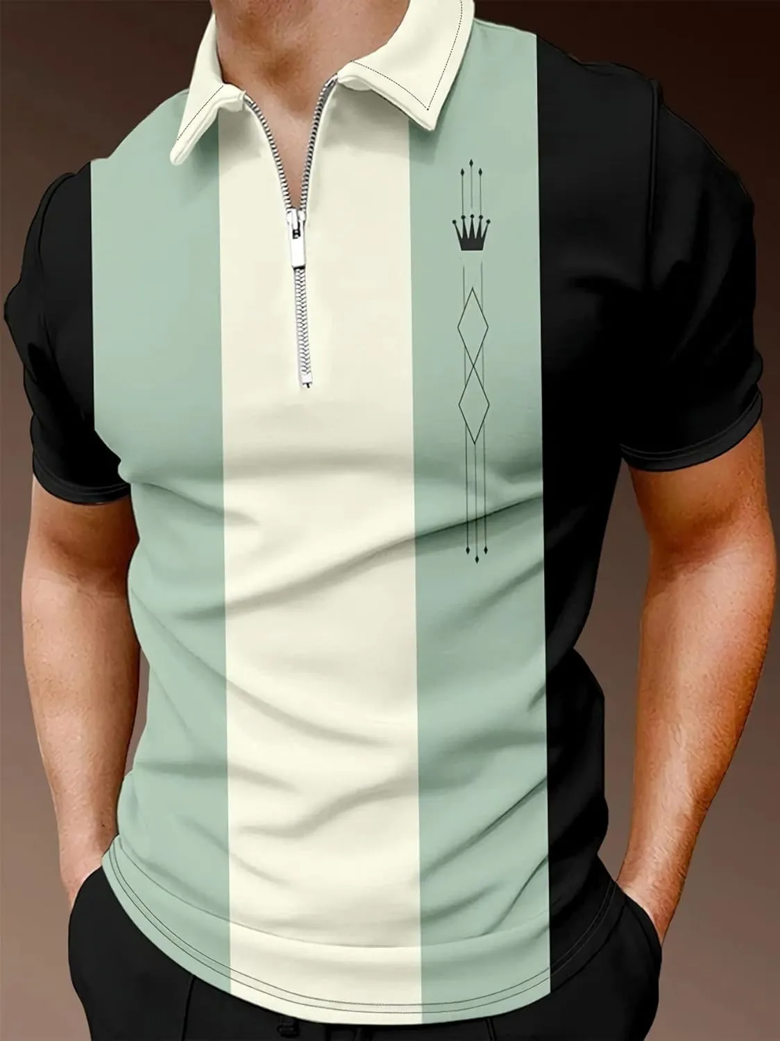 Men's Long Sleeve Polo Shirt Printed Zip Up Casual Slim Fit Golf Shirts Tops