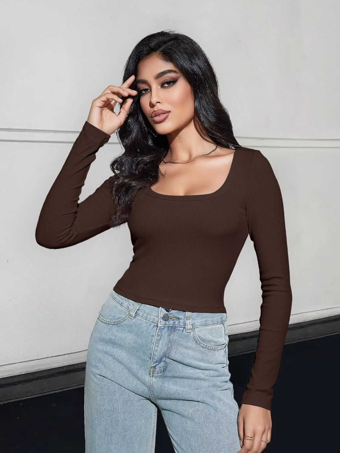 MEROKEETY Women's Long Sleeve Square Neck Crop Top Ribbed Slim Fitted Y2K Casual T-Shirt Tops