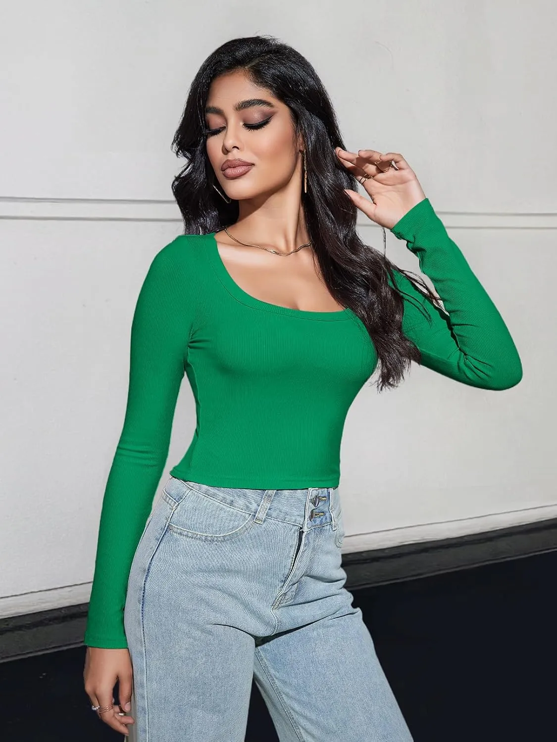 MEROKEETY Women's Long Sleeve Square Neck Crop Top Ribbed Slim Fitted Y2K Casual T-Shirt Tops