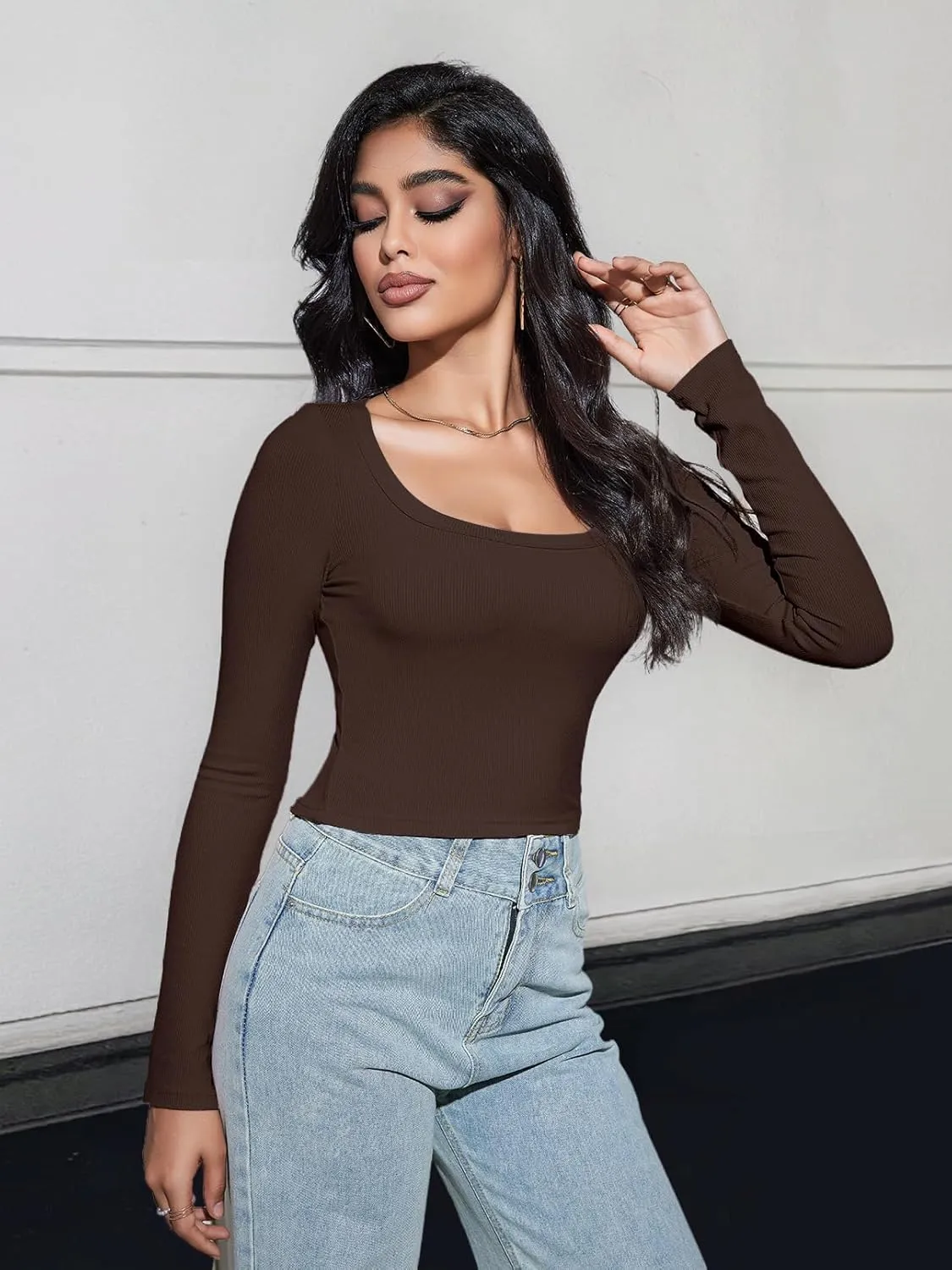 MEROKEETY Women's Long Sleeve Square Neck Crop Top Ribbed Slim Fitted Y2K Casual T-Shirt Tops
