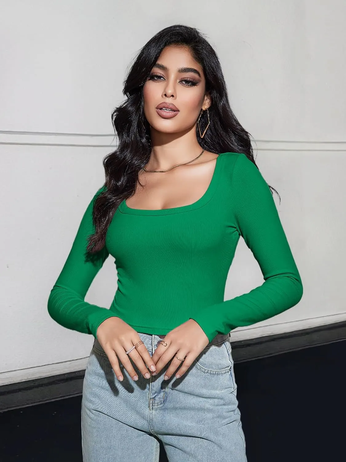 MEROKEETY Women's Long Sleeve Square Neck Crop Top Ribbed Slim Fitted Y2K Casual T-Shirt Tops