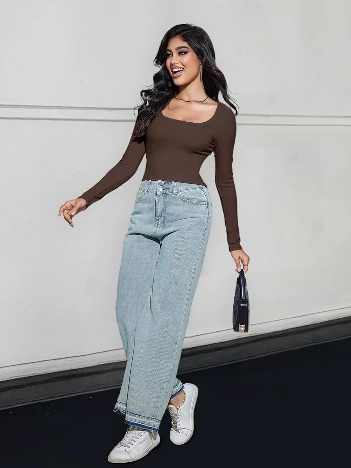 MEROKEETY Women's Long Sleeve Square Neck Crop Top Ribbed Slim Fitted Y2K Casual T-Shirt Tops