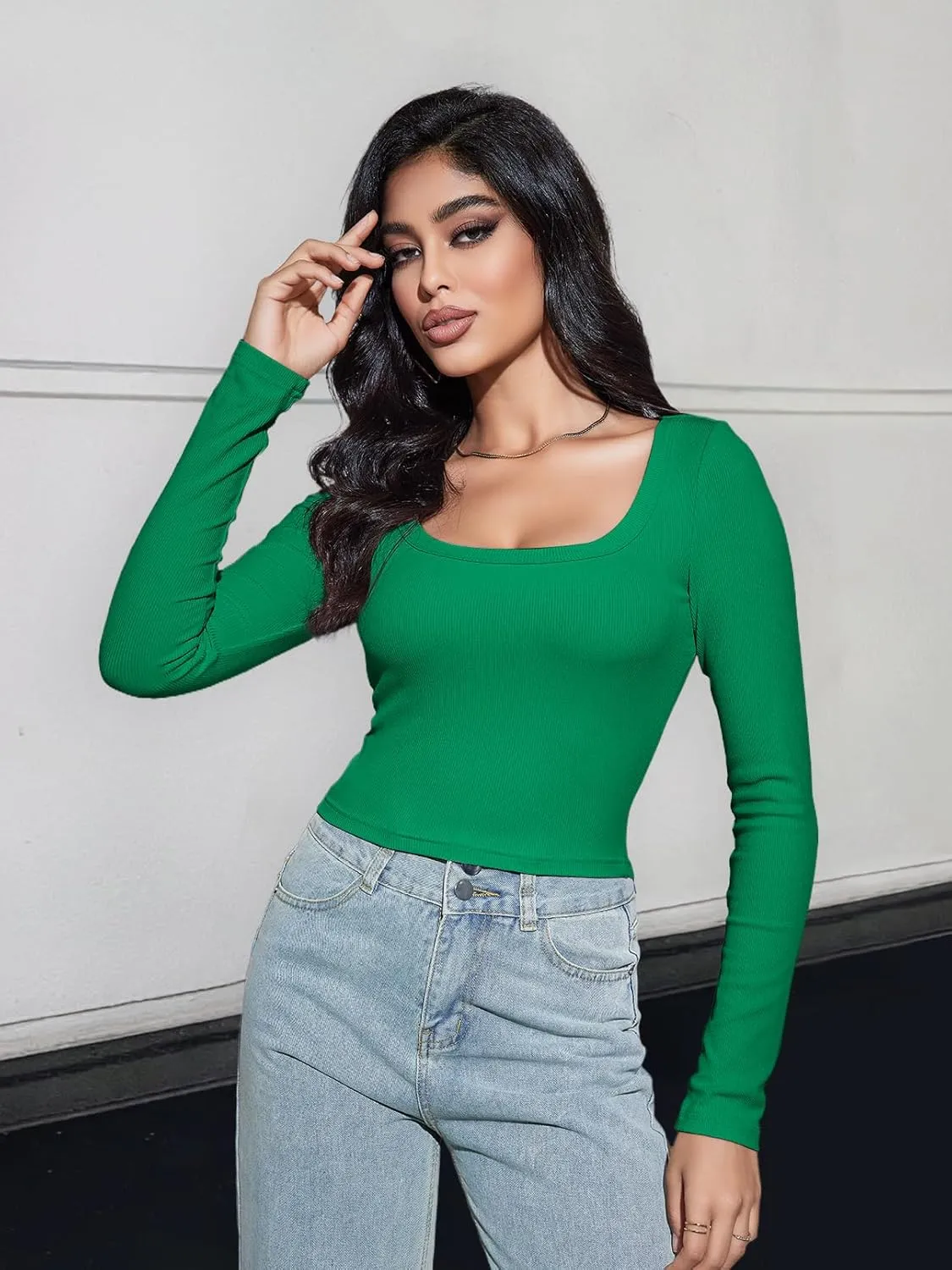 MEROKEETY Women's Long Sleeve Square Neck Crop Top Ribbed Slim Fitted Y2K Casual T-Shirt Tops