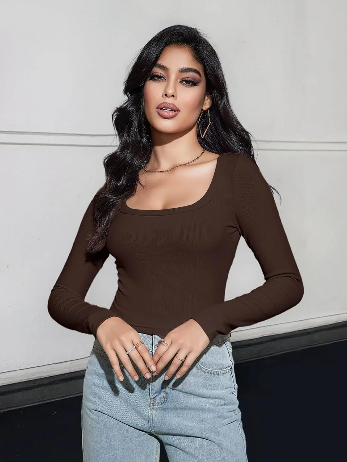 MEROKEETY Women's Long Sleeve Square Neck Crop Top Ribbed Slim Fitted Y2K Casual T-Shirt Tops