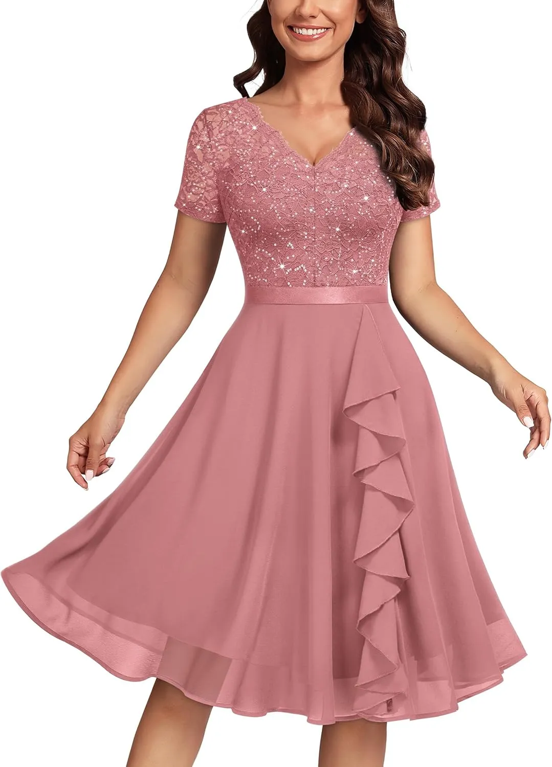 MISSMAY Women's Elegant Style Sequin Lace A-Line Cocktail Party Dress