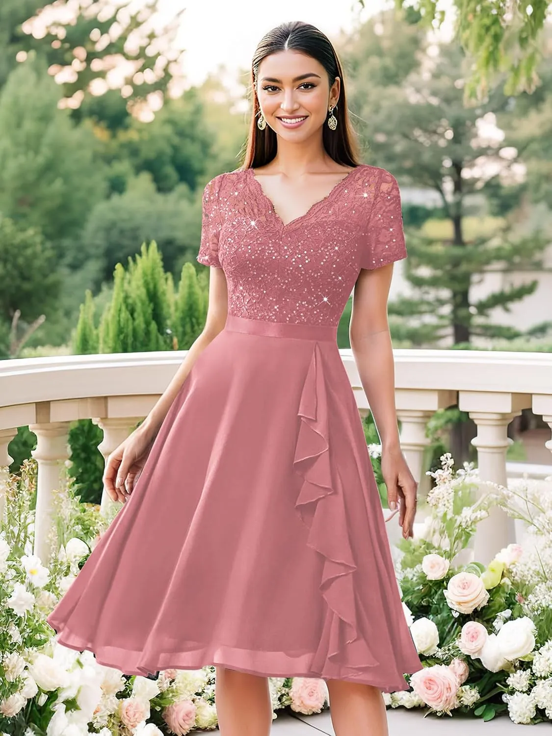 MISSMAY Women's Elegant Style Sequin Lace A-Line Cocktail Party Dress