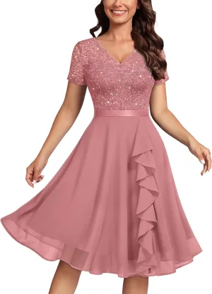 MISSMAY Women's Elegant Style Sequin Lace A-Line Cocktail Party Dress