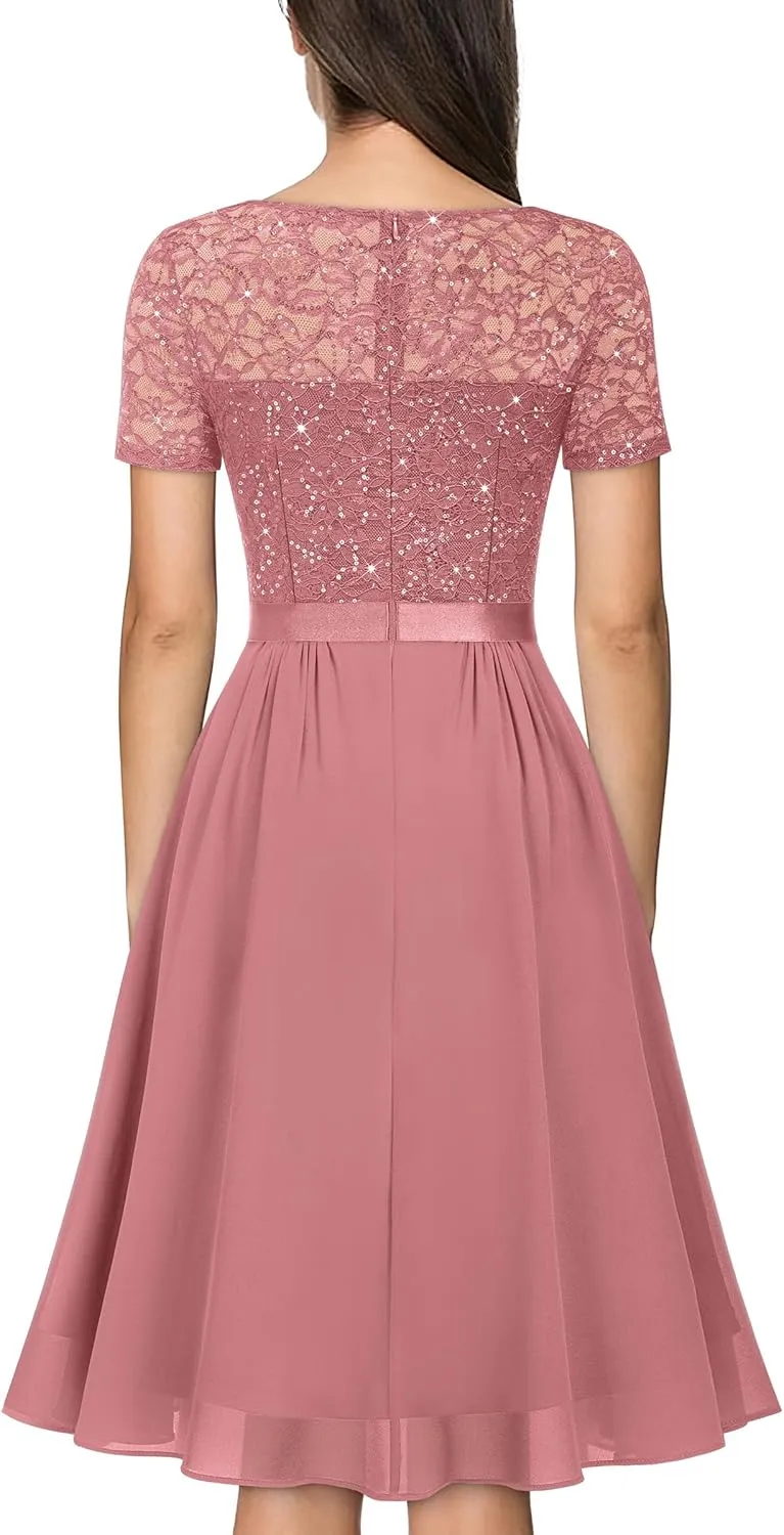 MISSMAY Women's Elegant Style Sequin Lace A-Line Cocktail Party Dress