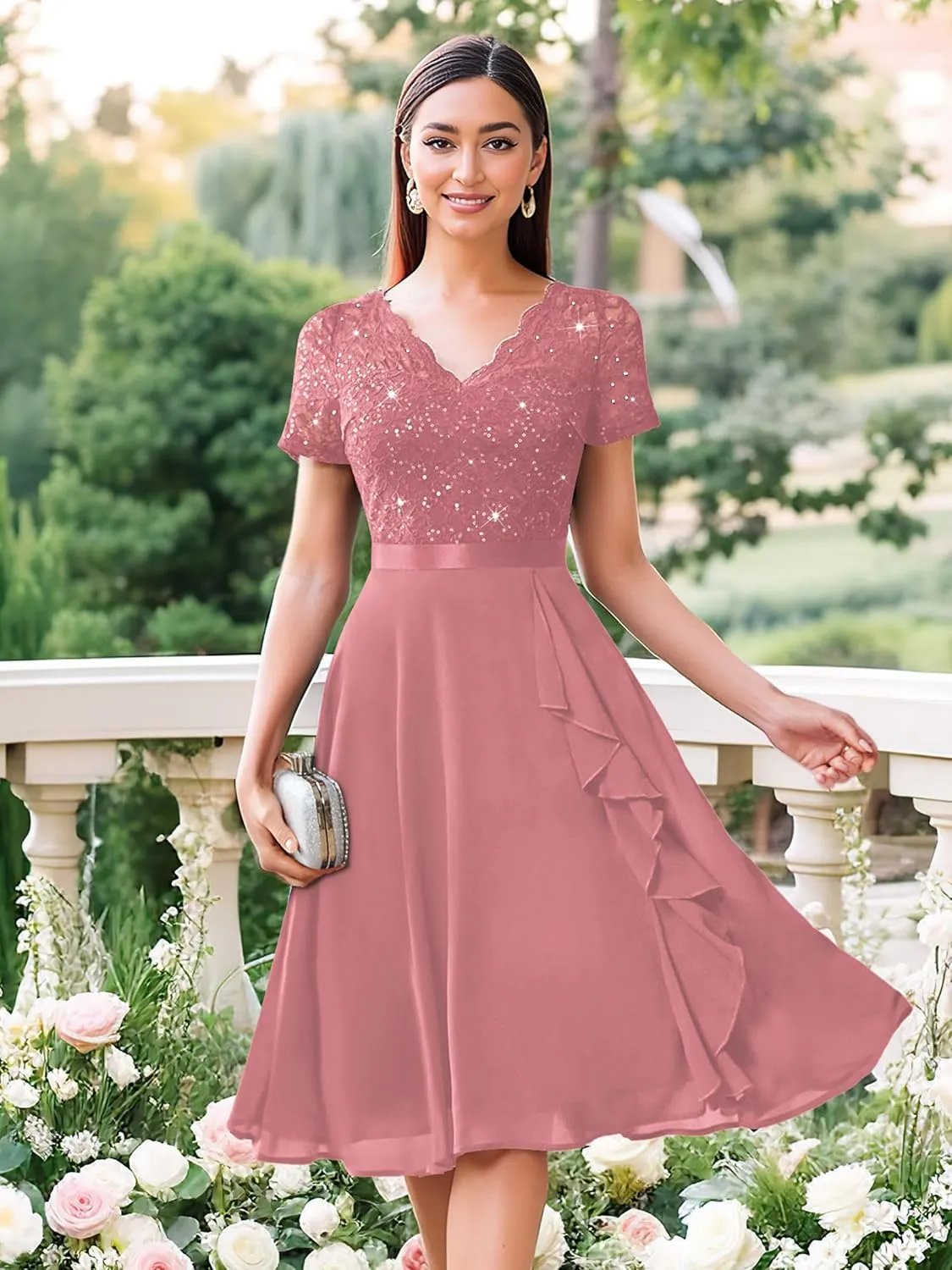 MISSMAY Women's Elegant Style Sequin Lace A-Line Cocktail Party Dress