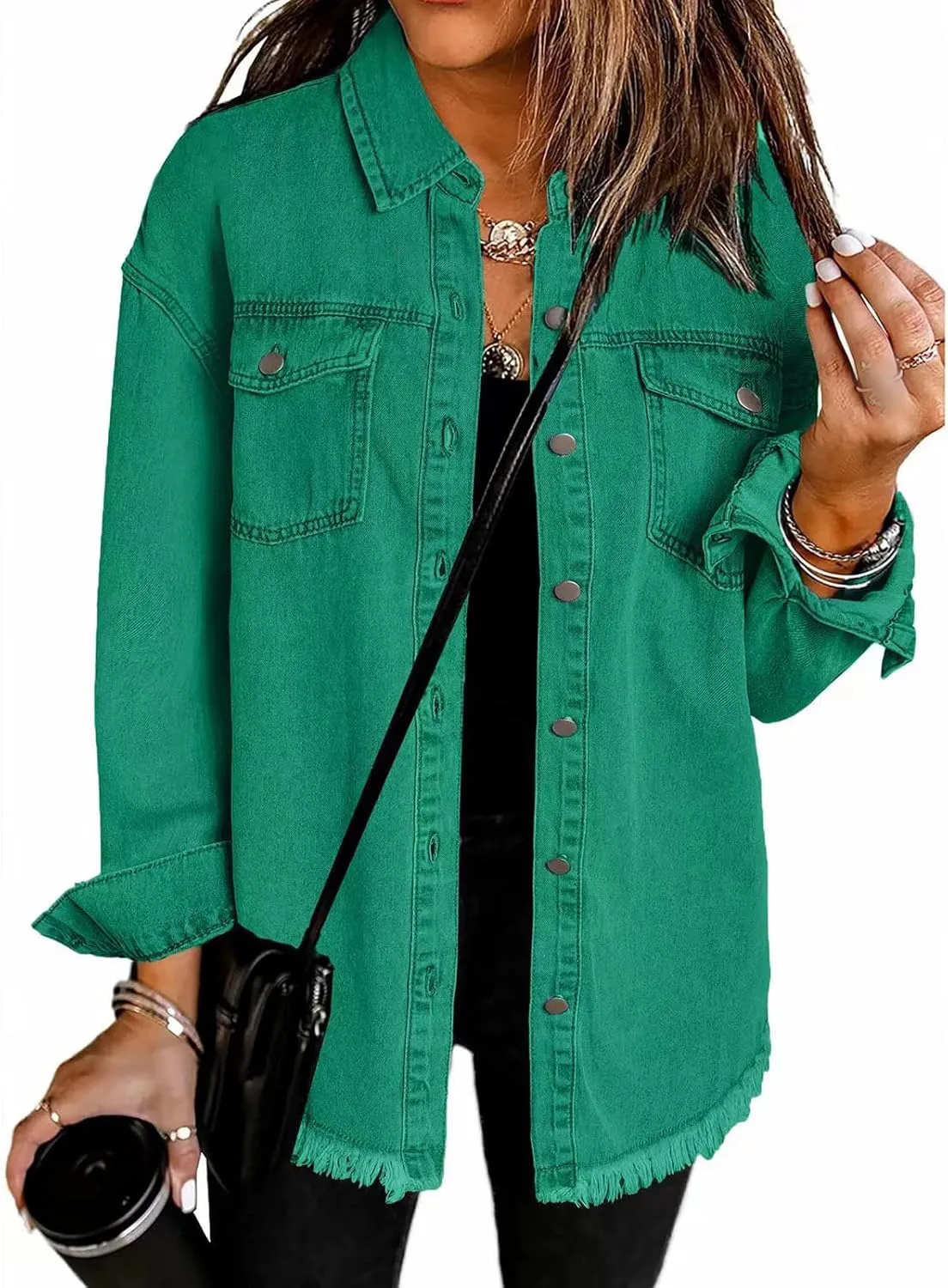 Mmoneyake Oversized Jean Jacket for Women Button Down Long Sleeve Shirt Shacket Boyfriend Denim Jacket Coats with Frayed Hem