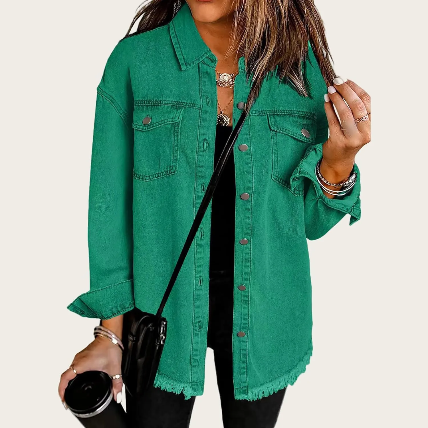 Mmoneyake Oversized Jean Jacket for Women Button Down Long Sleeve Shirt Shacket Boyfriend Denim Jacket Coats with Frayed Hem