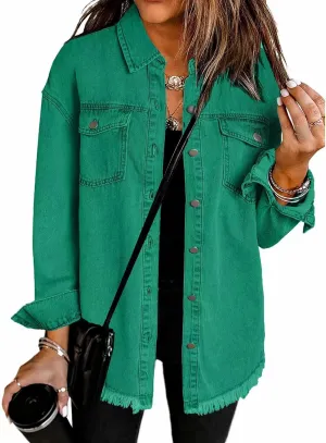 Mmoneyake Oversized Jean Jacket for Women Button Down Long Sleeve Shirt Shacket Boyfriend Denim Jacket Coats with Frayed Hem