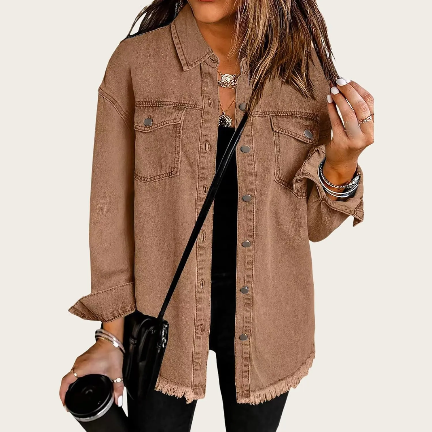 Mmoneyake Oversized Jean Jacket for Women Button Down Long Sleeve Shirt Shacket Boyfriend Denim Jacket Coats with Frayed Hem