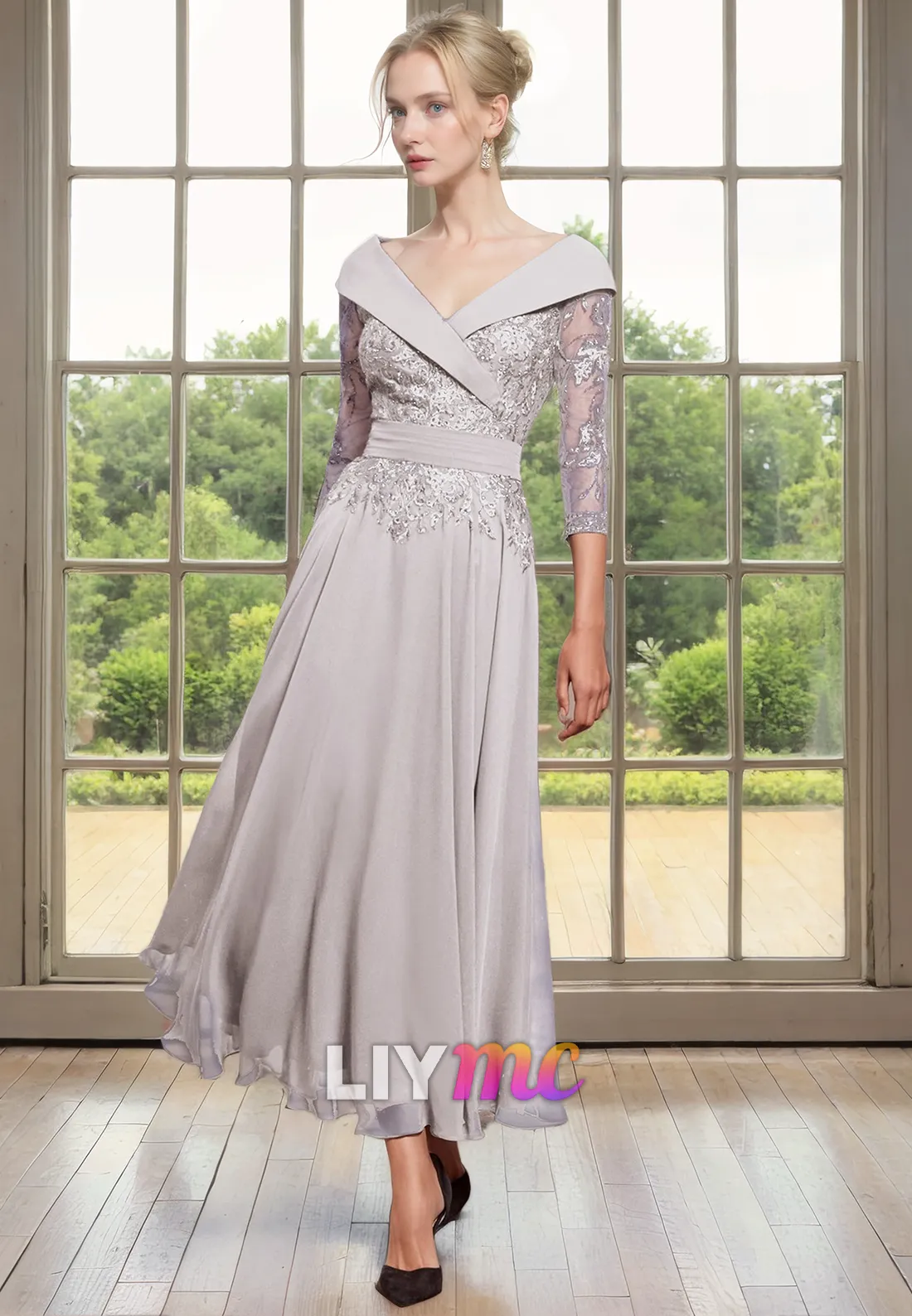 Off-Shoulder Long Sleeves Appliques Pleated Chiffon A-Line Mother of Bride Dress Cocktail Dress
