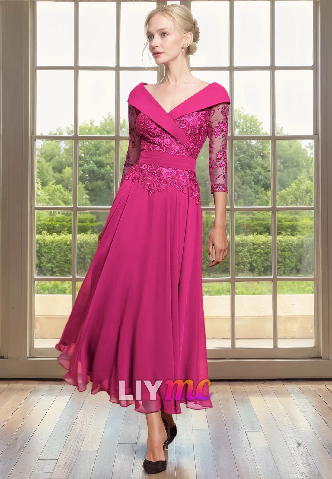 Off-Shoulder Long Sleeves Appliques Pleated Chiffon A-Line Mother of Bride Dress Cocktail Dress