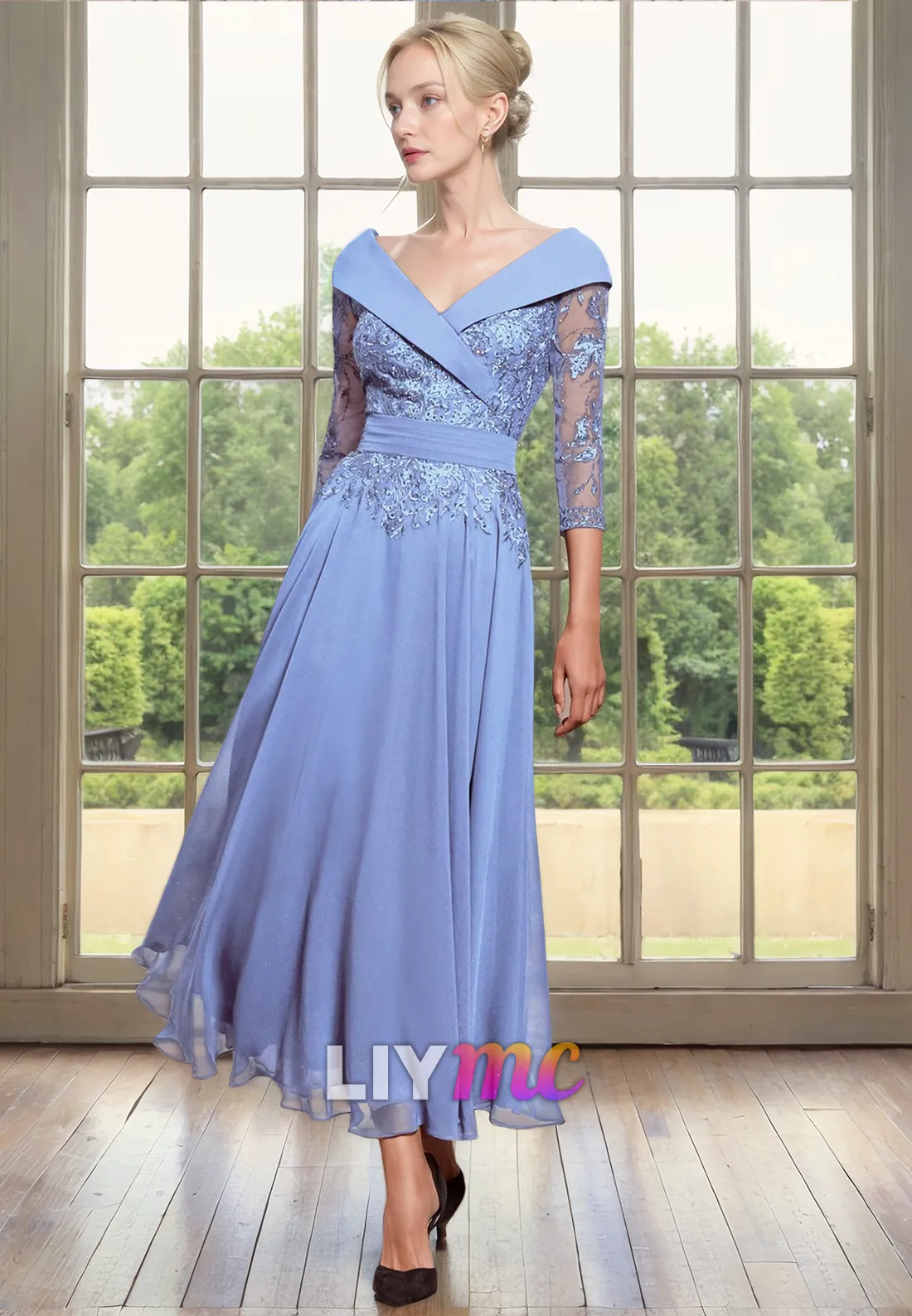 Off-Shoulder Long Sleeves Appliques Pleated Chiffon A-Line Mother of Bride Dress Cocktail Dress