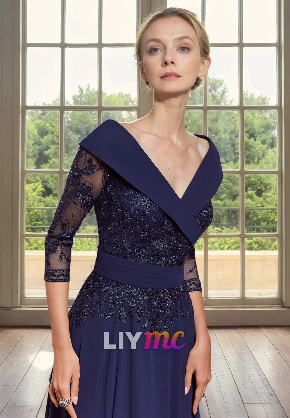 Off-Shoulder Long Sleeves Appliques Pleated Chiffon A-Line Mother of Bride Dress Cocktail Dress
