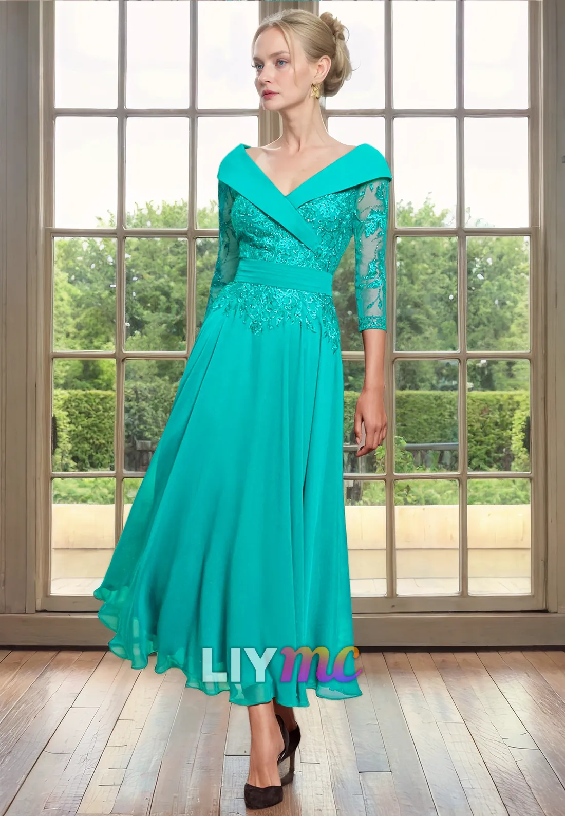 Off-Shoulder Long Sleeves Appliques Pleated Chiffon A-Line Mother of Bride Dress Cocktail Dress