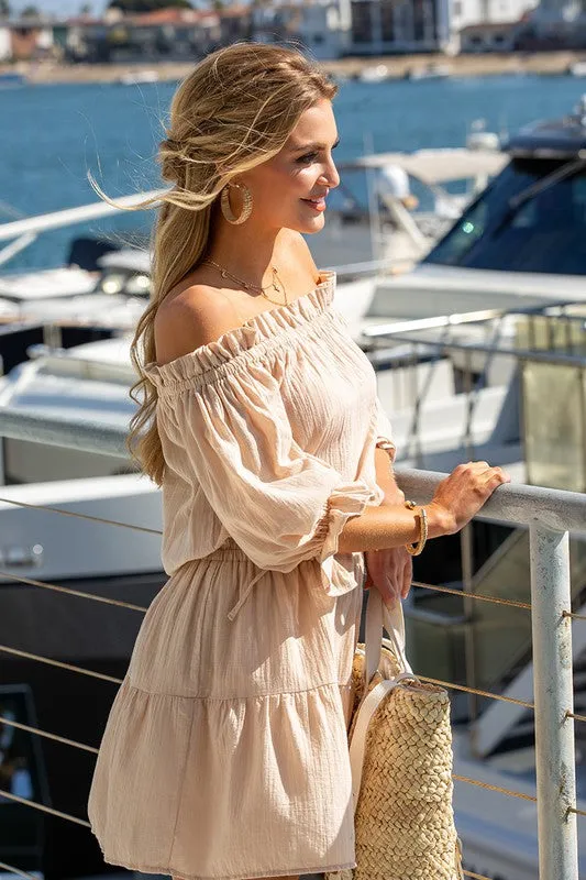 Off The Shoulder 3/4'' Sleeve Cotton Dress