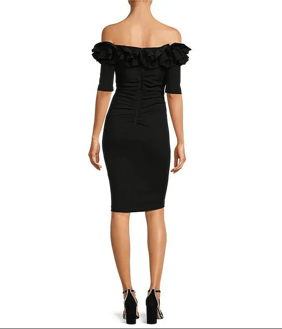 Off-the-Shoulder Ruffle Neck Short Sleeve Stretch Scuba Crepe Dress Cocktail Dresses