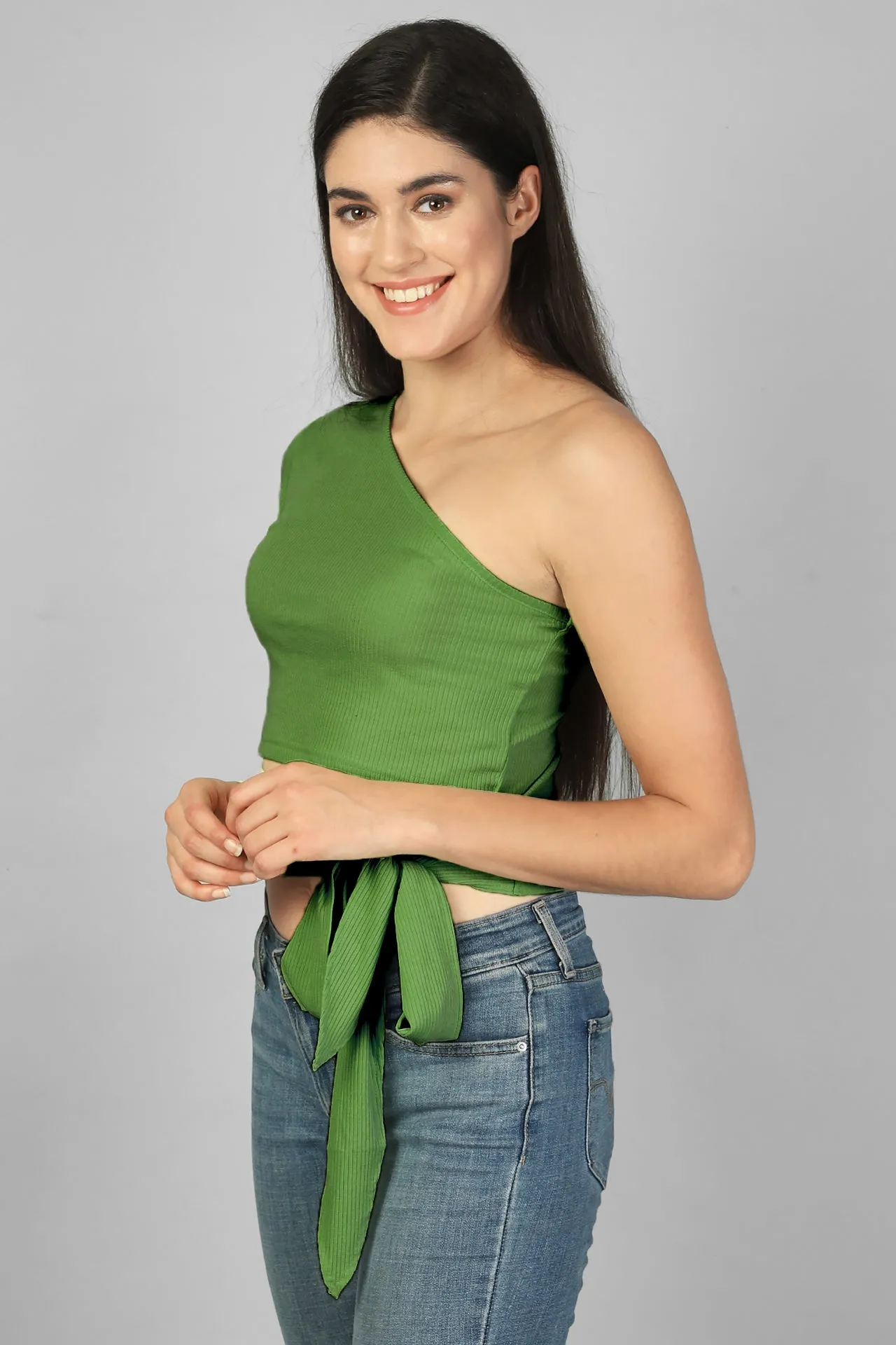 ONE SHOULDER WAIST TIE-UP RIBBED CROPPED TOP