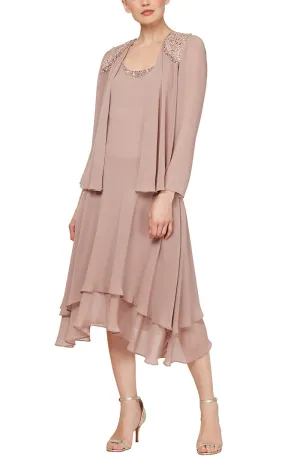 Regular - Chiffon Jacket Dress with Beaded Shoulder Detail & Tiered Skirt