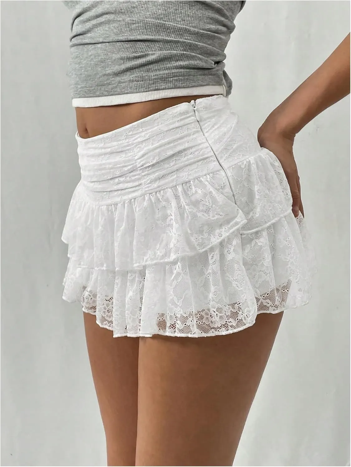 SHENHE Women's Y2k Lace Layered Mini Skirt Ruched A Line Cute Tiered Ruffle Skirt