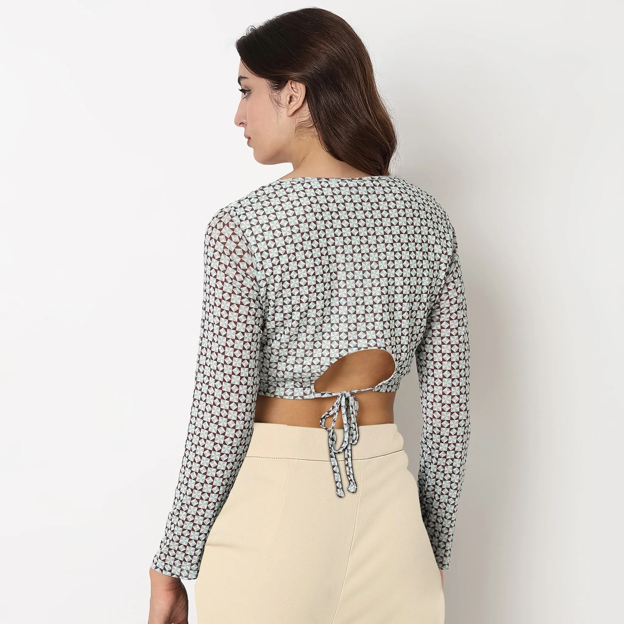 Slim Fit Printed Mesh Top