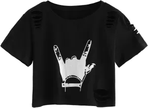 SweatyRocks Women's Short Sleeve T Shirt Graphic Print Distressed Crop Top