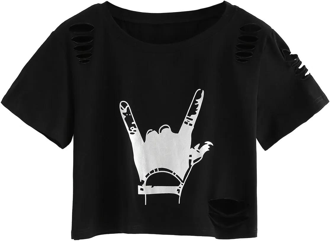 SweatyRocks Women's Short Sleeve T Shirt Graphic Print Distressed Crop Top