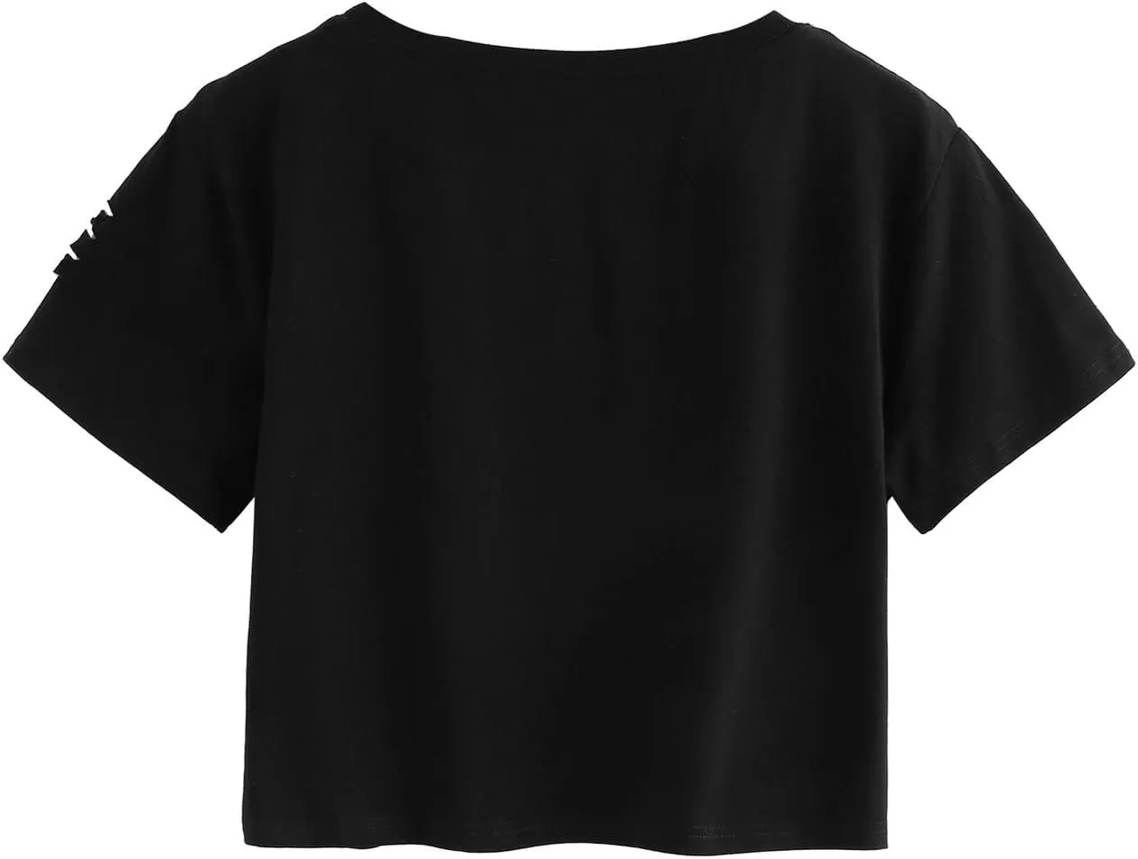 SweatyRocks Women's Short Sleeve T Shirt Graphic Print Distressed Crop Top