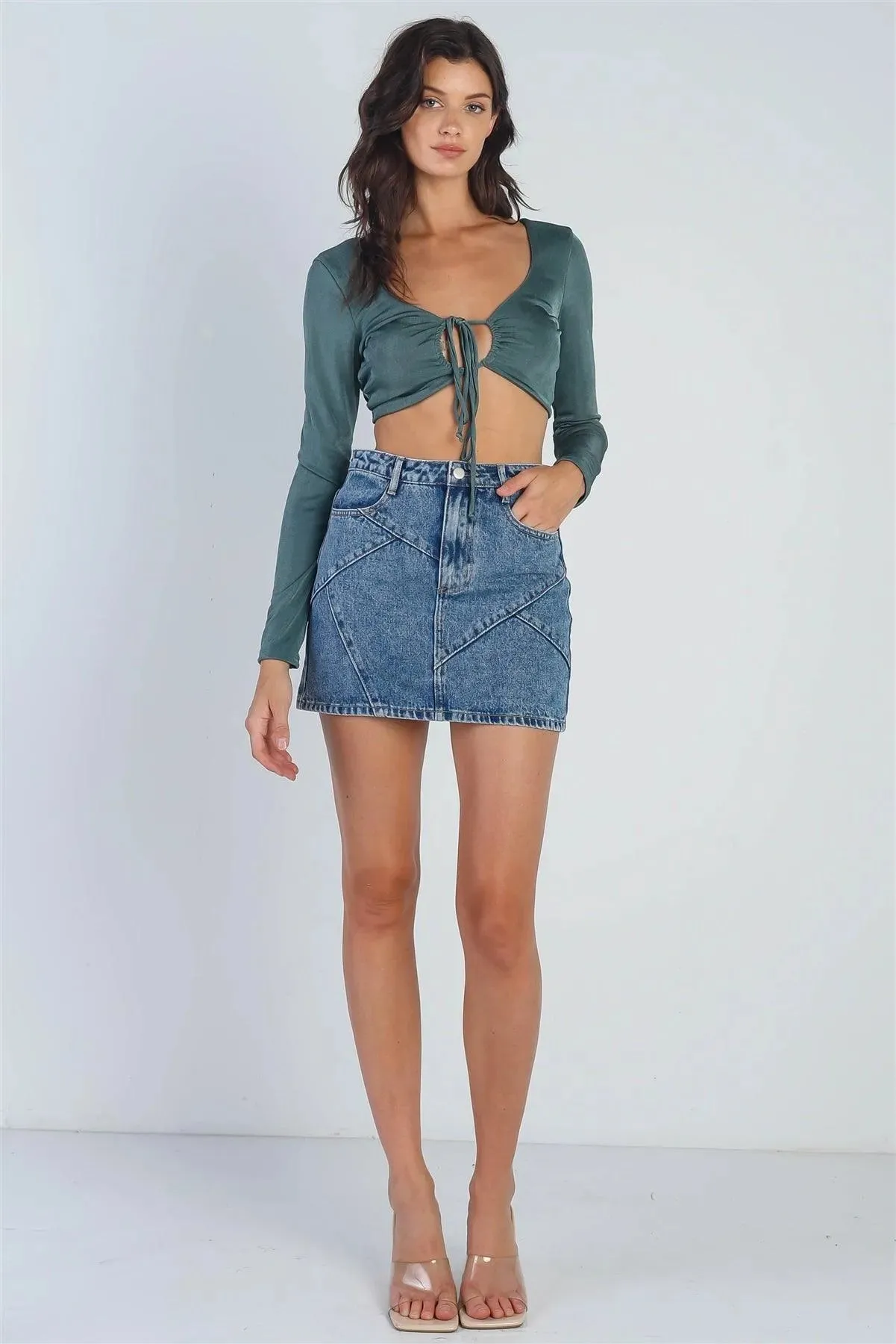 Teal Satin Effect Self-Tie Long Sleeve Crop Top /3-2-1