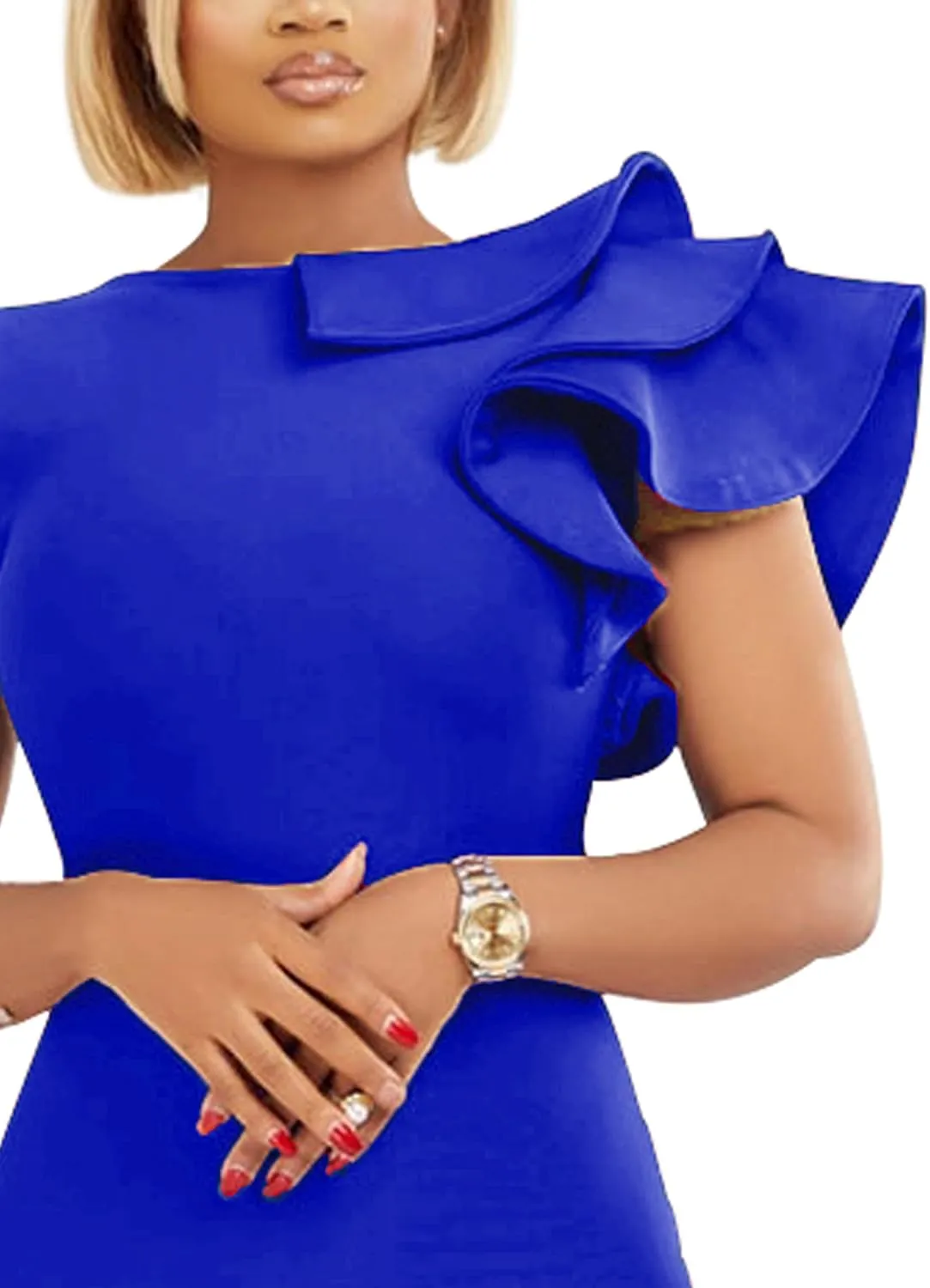 VASAUGE Women's Elegant Formal Bodycon Ruffle Sleeveless Midi Cocktail Party Dress